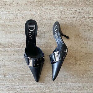 Vintage Dior Grommet Logo Buckle Mule Heels
